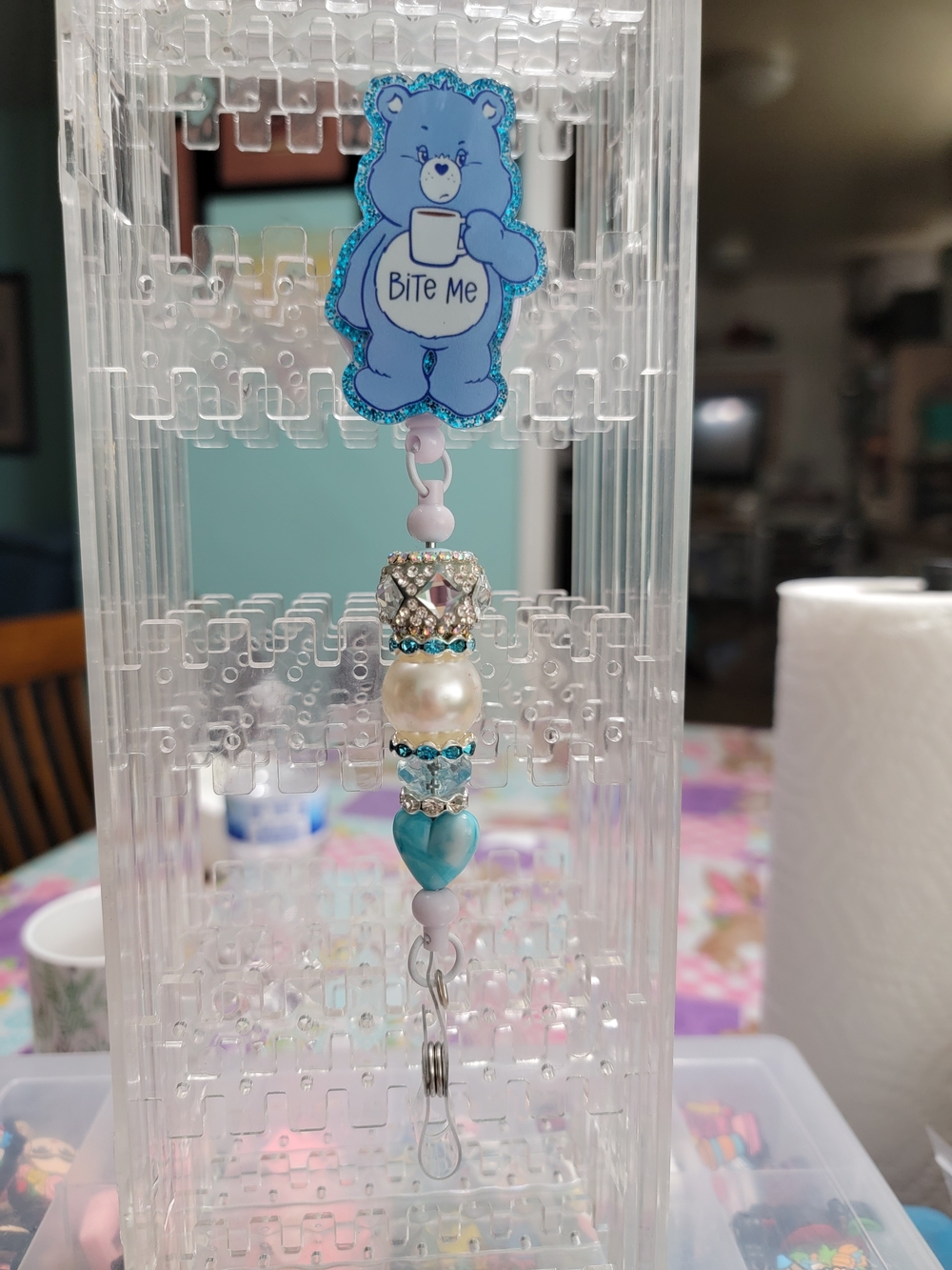 Handmade Blue Bear Beaded Badge Reel - "Bite Me" - Picture 2 of 2
